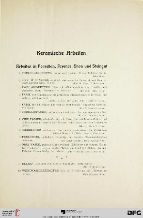 Arbeiten in Porzellan, Fayence, Thon und Steingut (Nr. 1-40)