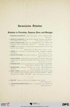 Arbeiten in Porzellan, Fayence, Thon und Steingut (Nr. 1-40)