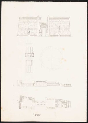 Tempel von Luxor, Luxor (Theben-Ost): wie Inv.Nr. 44868,1, Druck von Inv.Nr. 44867 (ohne aufgeklebten Zeichnungen): Grundriss, Längsschnitt, Ansicht und Säulendetails