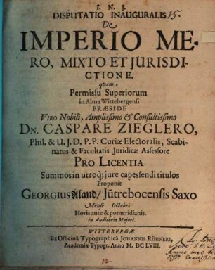 Disp. inaug. de imperio mero, mixto et iurisdictione
