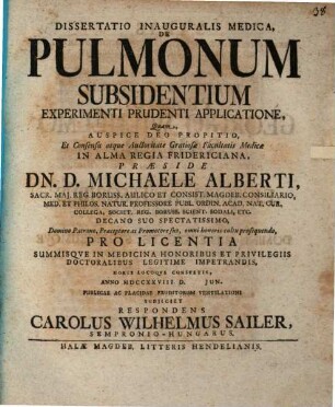 Diss. inaug. med. de pulmonum subsidentium experimenti prudenti applicatione