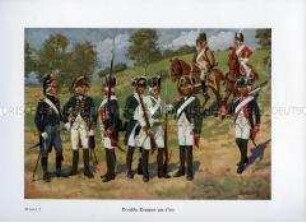 Uniformdarstellung, Artilleristen, Infanteriste und Kavalleristen aus Kurbayern, Kursachsen und Königreich Preußen, um 1790.