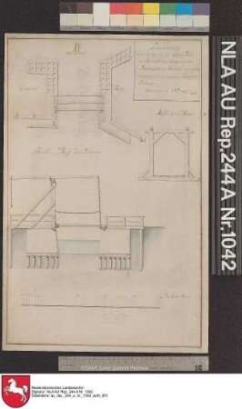 Grundriß und Ansicht einer Aufziehbrücke bei AURICH Kolorierte Zeichnung von J. N. Franzius Papier Format 41,7x26,3 M 1:80 (ca)