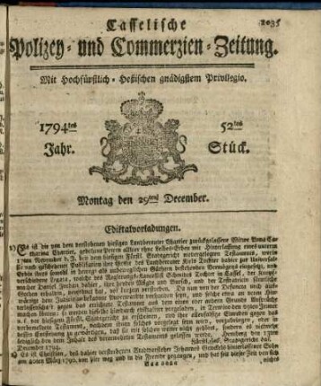 52tes Stueck, Montag den 29ten December 1794