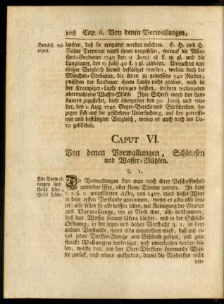 Caput VI. Von denen Vorwallungen, Schleusen und Wasser-Mühlen.