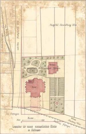 Dolmetsch, Heinrich; Ulm - Söflingen; Christuskirche mit Pfarrhaus - Lageplan