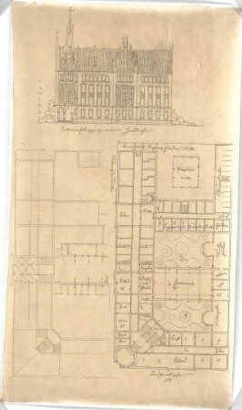 Zocher, Ernst; Architektonische Entwürfe - Gasthof (Teilgrundrisse, Ansicht)