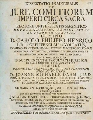 Dissertatio inauguralis De jure comitiorum imperii circa sacra