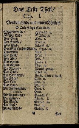 Cap I. Von dem Leibe und seinen Theilen.