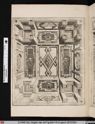 Perspektivische Deckendekoration mit Ornamenten.