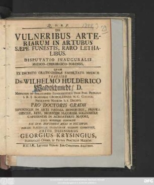 De Vulneribus Arteriarum In Artubus Sæpe Funestis, Raro Lethalibus : Disputatio Inauguralis Medico-Chirurgico-Forensis