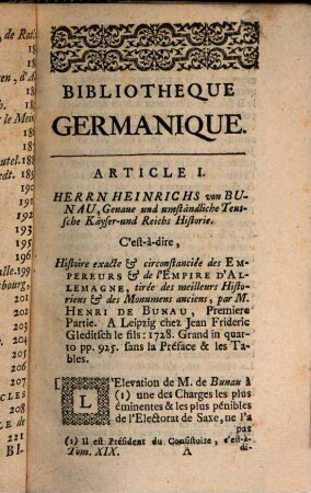Bibliothèque germanique ou Histoire littéraire de l'Allemagne de la Suisse et des Pays du Nord. 19, 19. 1730