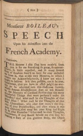 Monsieur Boileau's Speech upon his Admission into the French Academy
