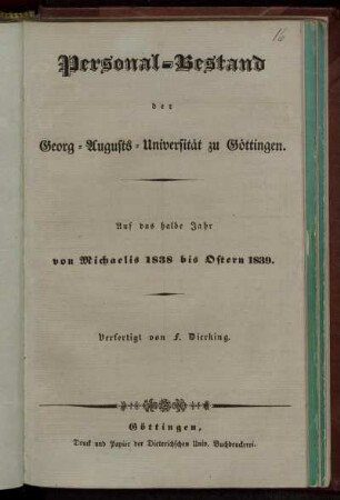 WS 1838/39: Personal-Bestand der Georg-Augusts-Universität zu Göttingen