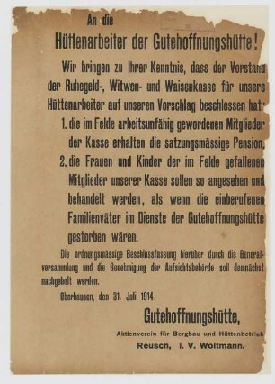 "An die Hüttenarbeiter der Gutehoffnungshütte"