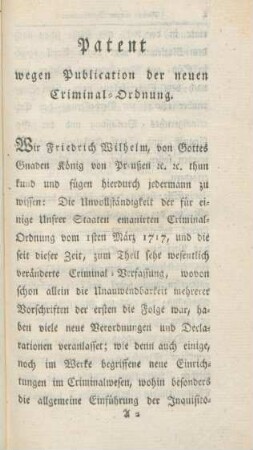 Patent wegen Publication der neuen Criminal-Ordnung.