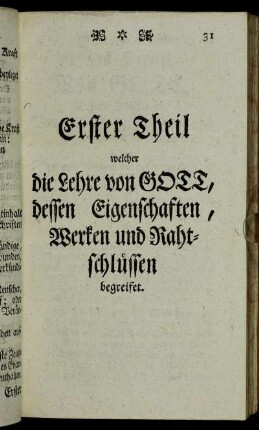 Erster Theil welcher die Lehre von Gott, dessen Eigenschaften, Werken und Rahtschlüssen begreifet.