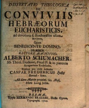 Diss. theol. de conviviis Hebraeorum eucharisticis