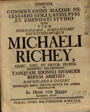 Cogitata De Conservando Maxime Necessario Stili Latini Pvri Et Emendati Stvdio