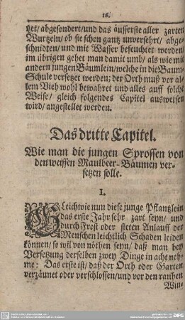 Das dritte Capitel. Wie man die jungen Sprossen von den weissen Maulbeer-Bäumen versetzen solle.