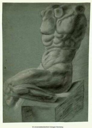 Männlicher Torso, ohne Kopf, Arme und Füße, nach links, auf einem Block sitzend