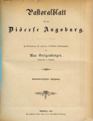 Pastoralblatt für die Diözese Augsburg. 31. 1888