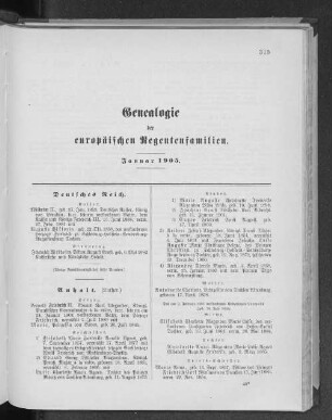 Genealogie der europäischen Regentenfamilien. Januar 1905.