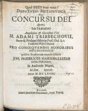 Disputatio Metaphysica De Concursu Dei