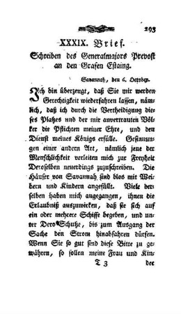 XXXIX. Brief - Schreiben des Generals Prevost an den Grafen Estaing