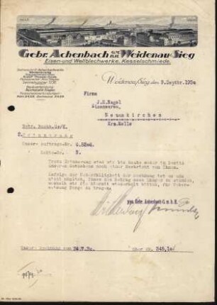 Firmenbriefkopf Achenbach (Gebr.),G.M.B.H., Weidenau/Sieg, Eisen- und Wellblechwerke, Kesselschmiede