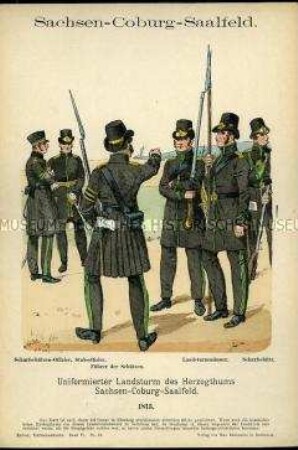 Uniformdarstellung, Scharfschützen-Offizier, Stabsoffizier, Führer der Schützen, Landsturmmänner und Scharfschütze des Landsturms, Herzogtum Sachsen-Coburg-Saalfeld, 1813.
