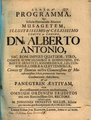 Programma quo scholae provincial. Alumnis Musagetem ... describere, et ad panegyrin aestivam ... invitare voluit