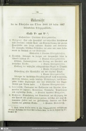 Uebersicht der im Schuljahre von Ostern 1866 bis dahin 1867 behandelten Lehrgegenstände