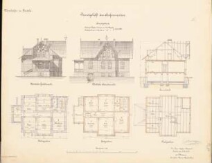 Dienstgehöft des Hafenmeisters, Rinteln: Ansichten, Grundrisse KG, EG, DG, Querschnitt 1:100