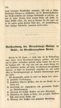 Beschreibung der Berieselungs-Anlage in Behle, im Großherzogthum Posen.