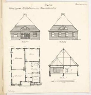 Gesellschaftshaus einer Kriegsinvalidenkolonie Monatskonkurrenz Januar 1917: Grundriss Erdgeschoss, Aufriss Vorderansicht, Gartenansicht, Querschnitt 1:100; Maßstabsleiste
