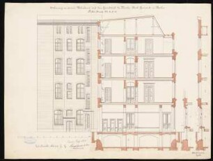 Wohnhaus Probststraße 14-16 auf dem Grundstück der Nikolaikirchgemeinde, Berlin-Mitte: Ansicht von der Hofseite, Querschnitt, 2 Fassadenschnitte vertikal