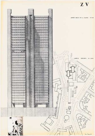 Bürohochhaus im Zooviertel, Berlin-Charlottenburg: 2. Fassung: Ansicht von W, 1:200; Lageplan, 1:1000; Modellfoto