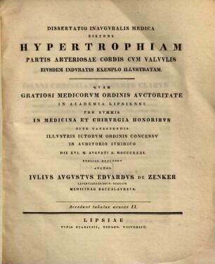 Dissertatio inauguralis medica sistens hypertrophiam partis arteriosae cordis cum valvulis eiusdem induratis exemplo illustratam : accedunt tabulae aenae II