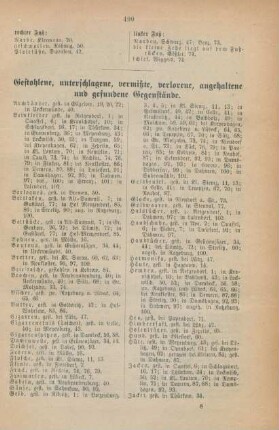 Gestohlene, unterschlagene, vermißte, verlorne, angehaltene und gefundene Gegenstände