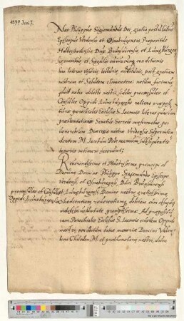 Philipp Sigismund, postulierter Bischof von Verden, transsumiert eine Präsentation der Bürgermeister und Ratsmannen und ernennt Dr. Henricus van Senden zum Propst von St. Johannis [lat].