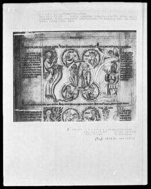 Biblia pauperum — Bildseite mit zwei Gruppen typologischer Szenen, Folio 1verso