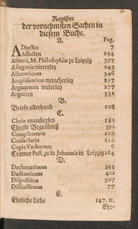 Register der vornehmsten Sachen in diesem Buche