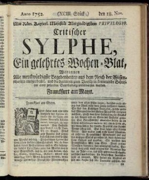 (XCIII. Stück.) den 18. Nov. Anno 1752.