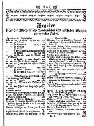 Register. Uber die Wöchentliche Nachrichten von gelehrten Sachen des 1753sten Jahrs