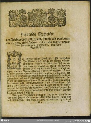 Historische Nachricht, von Friedersdorf am Queiß, sowohl als von denen am 20. Febr. dieses Jahres, als an dem hieselbst begangenen hundertjährigen Kirchenfeste, angestellten Feyerlichkeiten