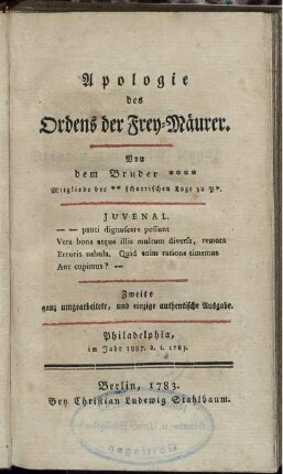 Apologie des Ordens der Frey-Mäurer : Philadelphia, im Jahr 3887. d. i. 1783