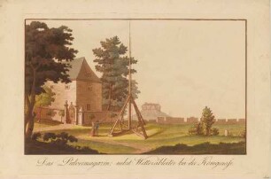 Pulvermagazin und Blitzableiter oberhalb der Königsnase auf der Festung Königstein in der Sächsischen Schweiz mit Blick nach Norden auf den Lilienstein, aus einer Serie nach Engelbrechts Prospekten der Festung Königstein 1735 von Pinz