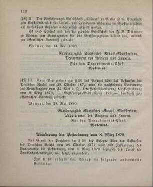 49. Ministerial-Bekanntmachung, die Abänderung der Postordnung vom 8. März 1879 betreffend