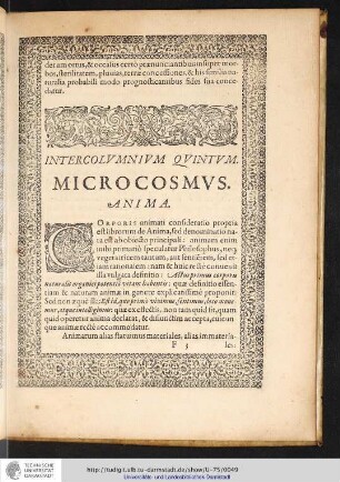 INTERCOLVMNIVM QVINTVM. MICROCOSMVS.